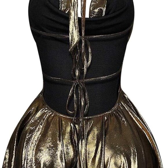 Women Metallic Dress Sleeveless Halter Backless Ruching Mini Party - Picture 6 of 6